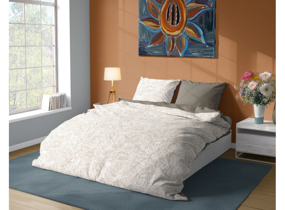 Saténové povlečení MILAGRO VERDE Béžové listy - bílé/hnědé - 140x200 cm