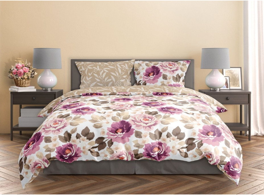 Saténové povlečení MILAGRO VERDE Fialové květy - bílé/béžové - 160x200 cm