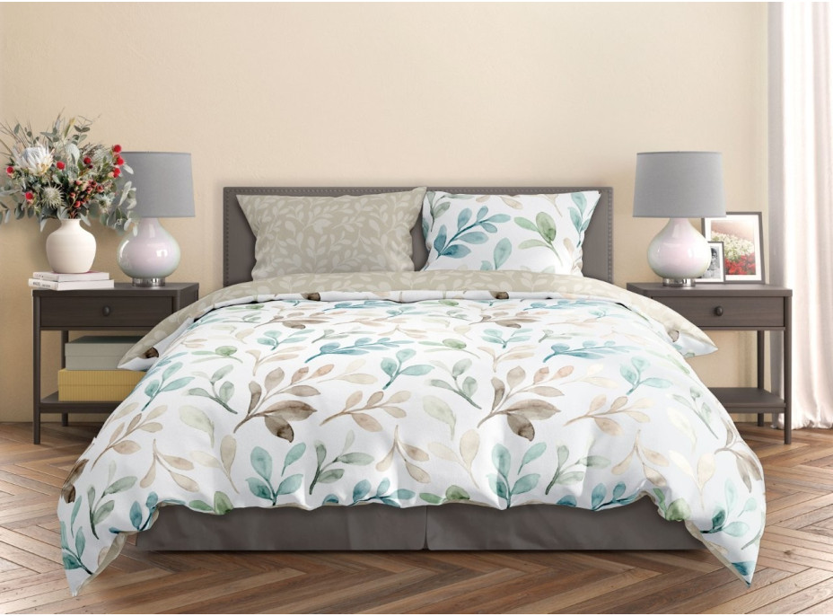 Saténové povlečení MILAGRO VERDE Pastelové lístky - bílé/béžové - 160x200 cm