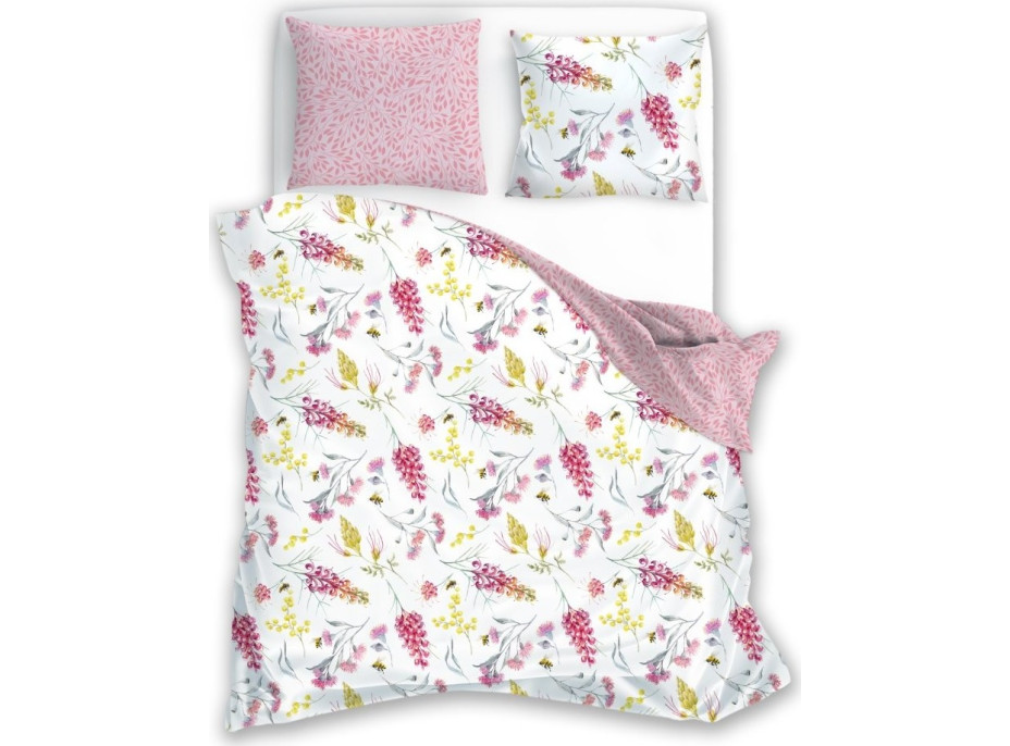 Saténové povlečení MILAGRO VERDE Květy a včelky - bílé/růžové - 160x200 cm