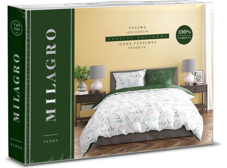 Saténové povlečení MILAGRO VERDE Zimní větvičky - bílé/zelené - 160x200 cm