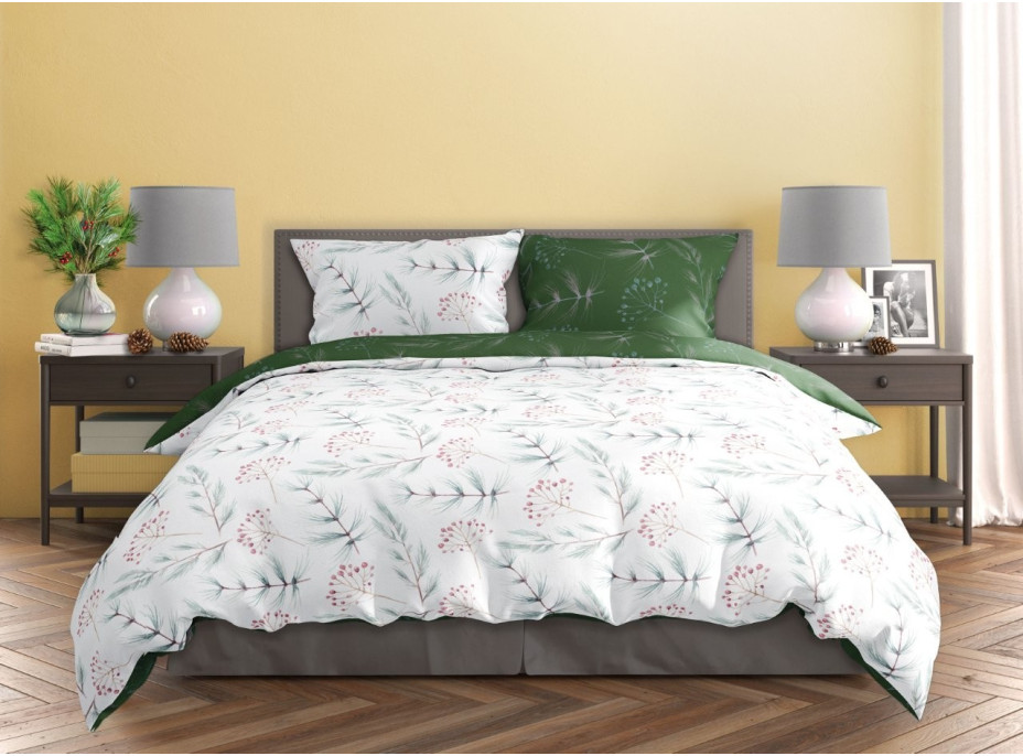 Saténové povlečení MILAGRO VERDE Zimní větvičky - bílé/zelené - 160x200 cm