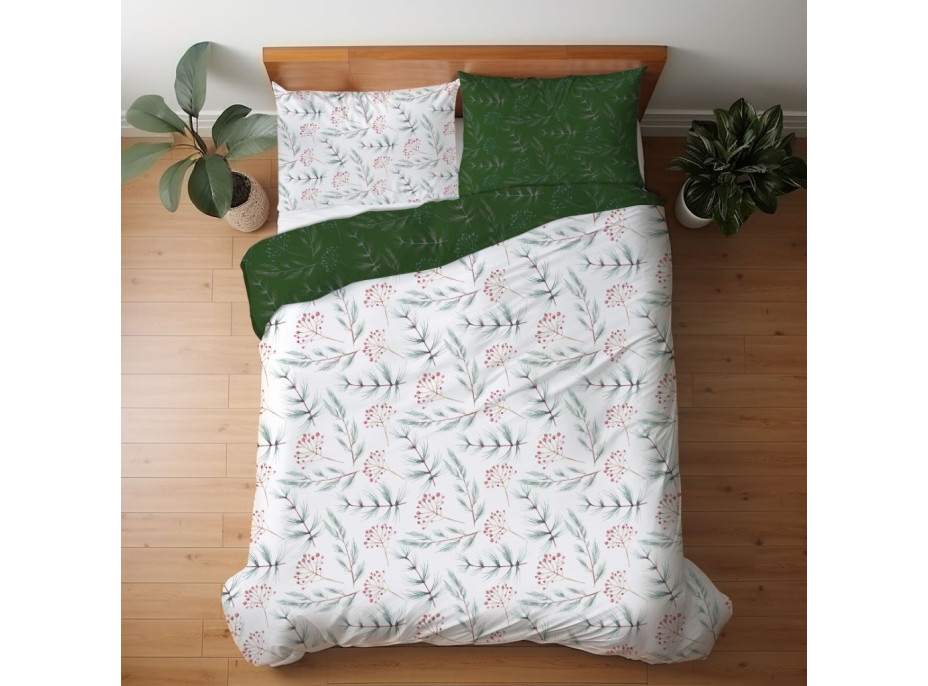 Saténové povlečení MILAGRO VERDE Zimní větvičky - bílé/zelené - 160x200 cm