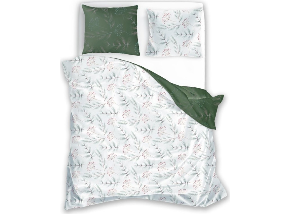 Saténové povlečení MILAGRO VERDE Zimní větvičky - bílé/zelené - 160x200 cm