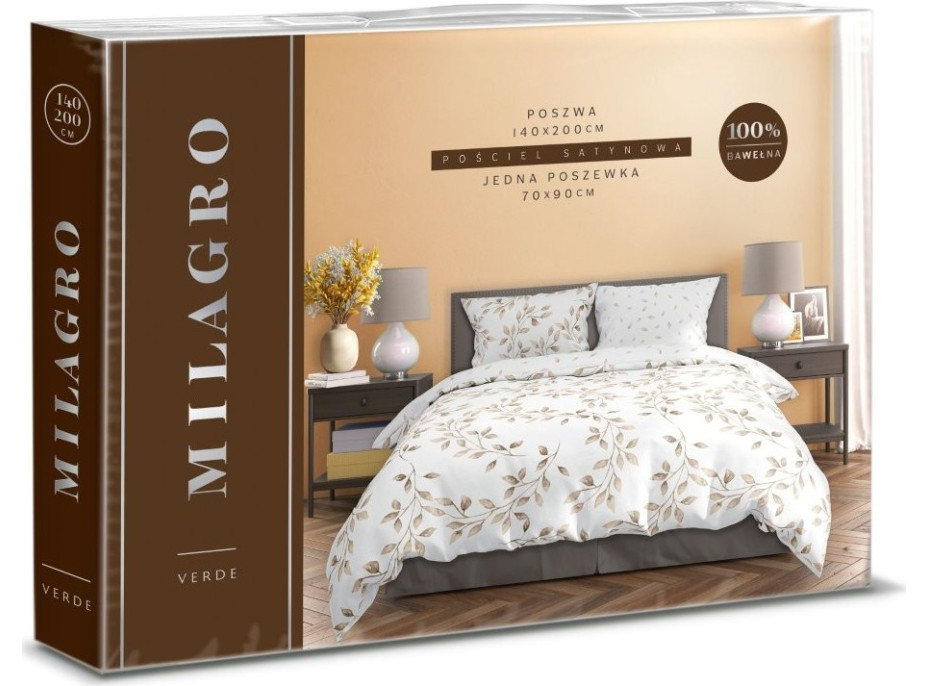 Saténové povlečení MILAGRO VERDE Jemné lístky - bílé - 160x200 cm