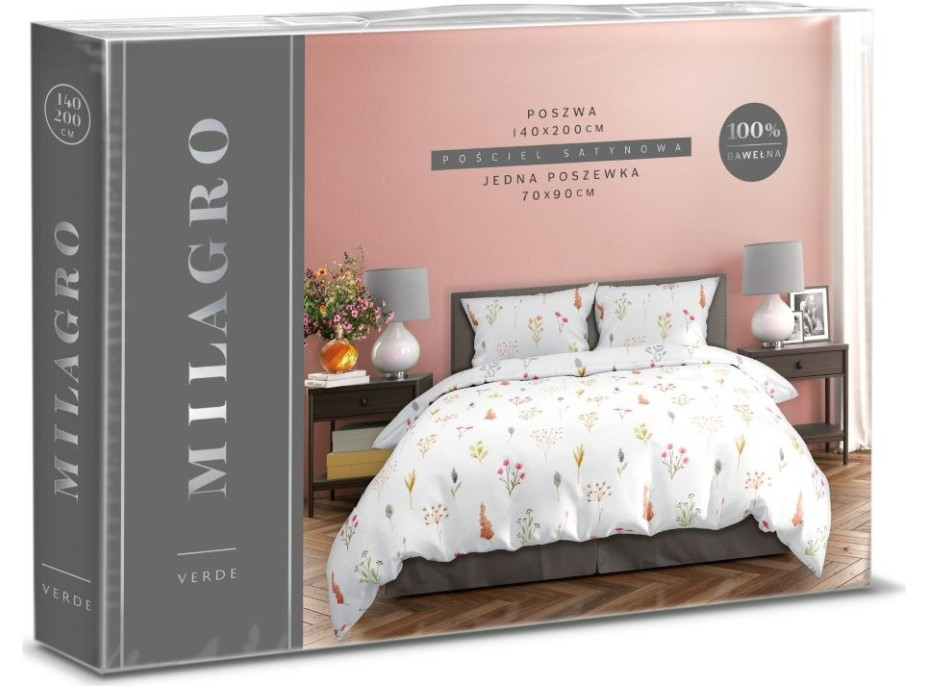 Saténové povlečení MILAGRO VERDE Byliny - bílé/šedé - 160x200 cm