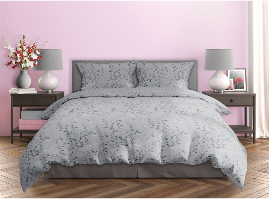 Saténové povlečení MILAGRO VERDE Šedé lístky - šedé - 160x200 cm