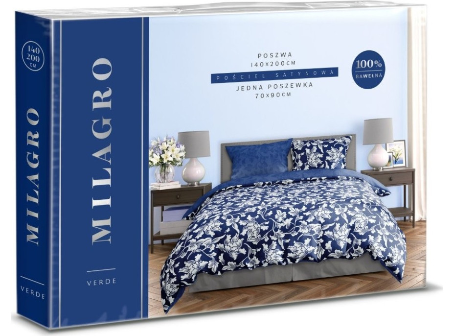 Saténové povlečení MILAGRO VERDE Bílé květy - modré/tmavě modré - 160x200 cm