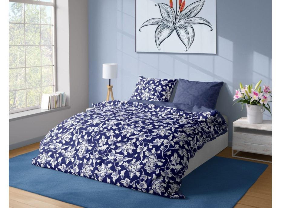 Saténové povlečení MILAGRO VERDE Bílé květy - modré/tmavě modré - 160x200 cm