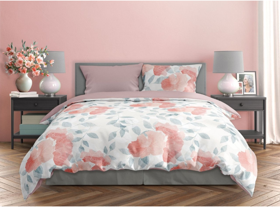 Saténové povlečení MILAGRO VERDE Růžové květy - bílé/růžové - 160x200 cm