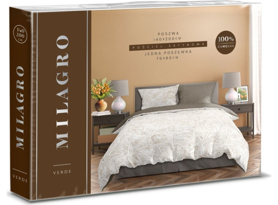 Saténové povlečení MILAGRO VERDE Béžové listy - bílé/hnědé - 160x200 cm