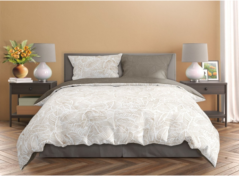 Saténové povlečení MILAGRO VERDE Béžové listy - bílé/hnědé - 160x200 cm