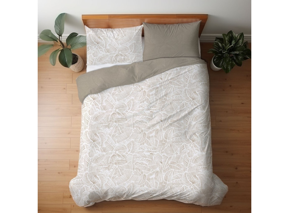 Saténové povlečení MILAGRO VERDE Béžové listy - bílé/hnědé - 160x200 cm