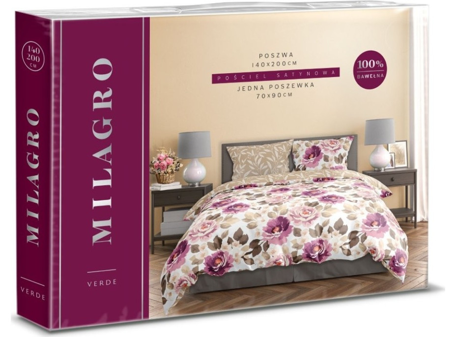 Saténové povlečení MILAGRO VERDE Fialové květy - bílé/béžové - 220x200 cm
