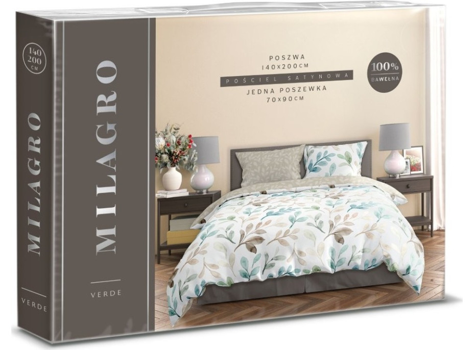 Saténové povlečení MILAGRO VERDE Pastelové lístky - bílé/béžové - 220x200 cm