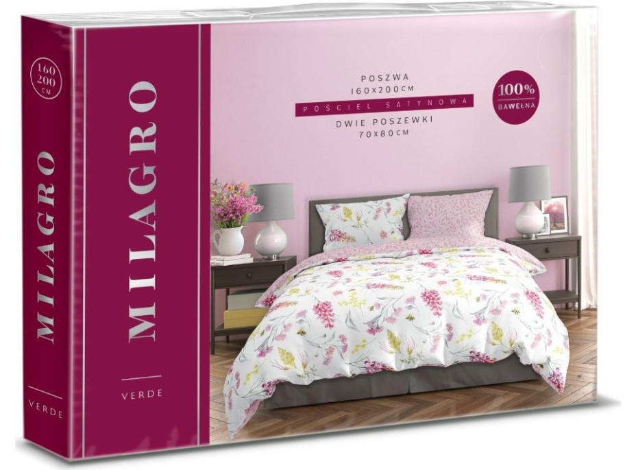 Saténové povlečení MILAGRO VERDE Květy a včelky - bílé/růžové - 220x200 cm