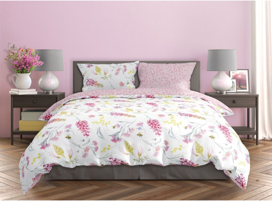 Saténové povlečení MILAGRO VERDE Květy a včelky - bílé/růžové - 220x200 cm