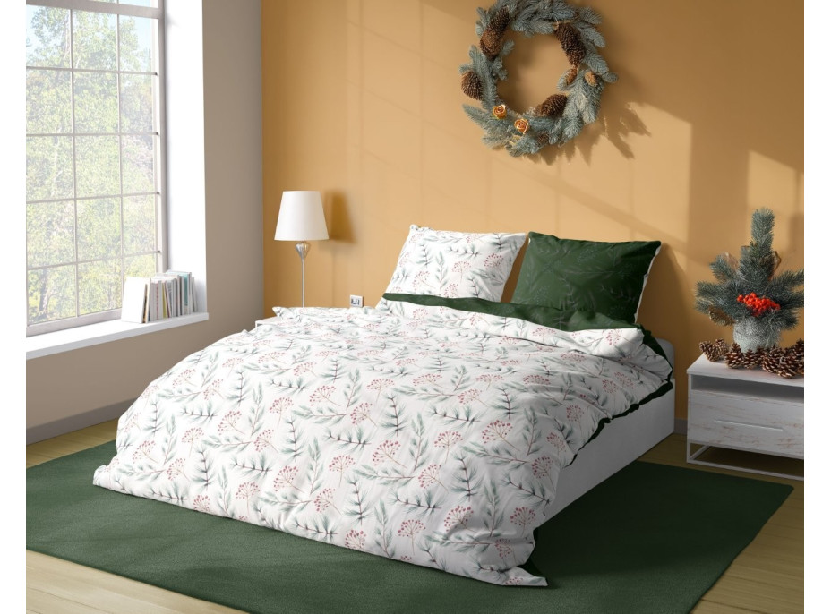 Saténové povlečení MILAGRO VERDE Zimní větvičky - bílé/zelené - 220x200 cm
