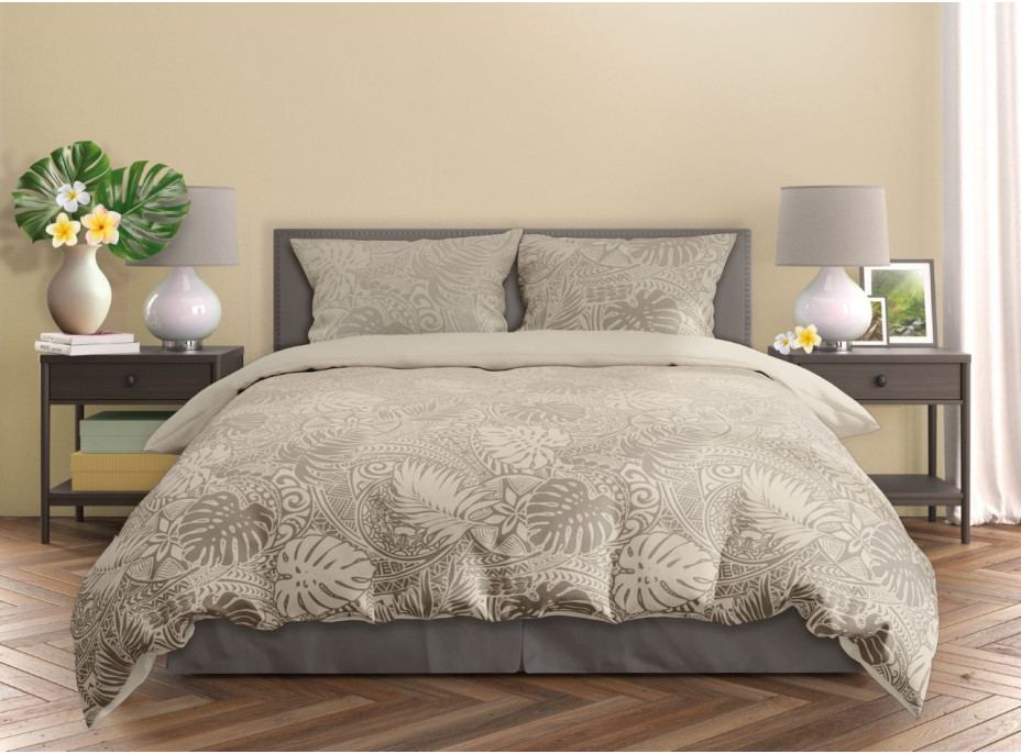 Saténové povlečení MILAGRO VERDE Monstera - béžové - 220x200 cm