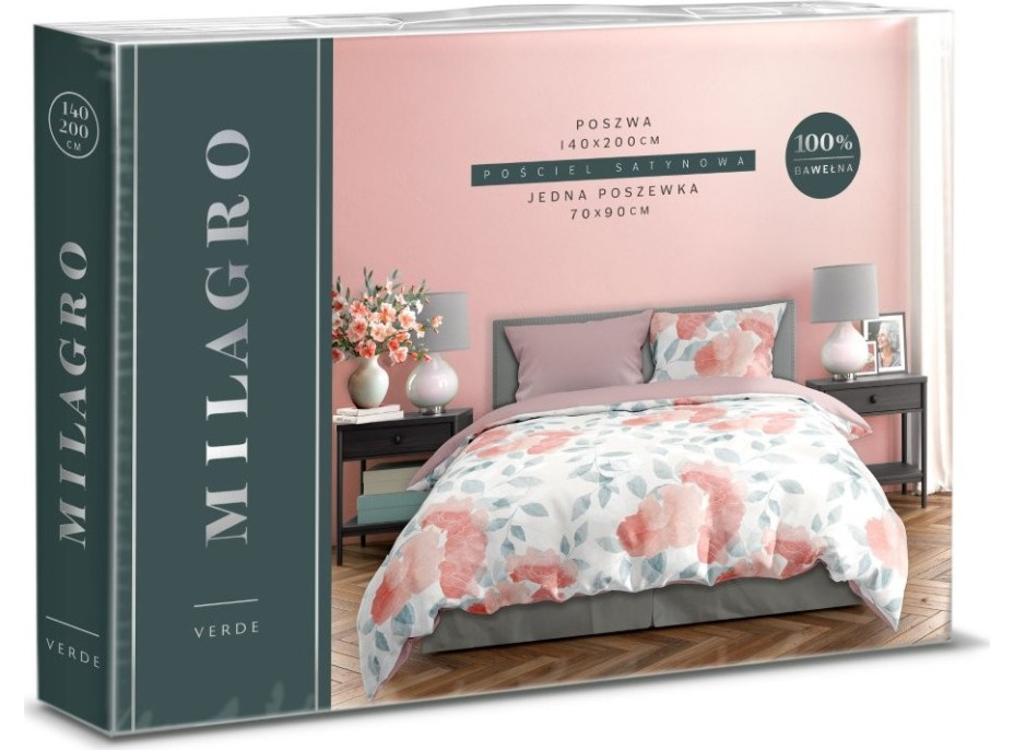 Saténové povlečení MILAGRO VERDE Růžové květy - bílé/růžové - 220x200 cm