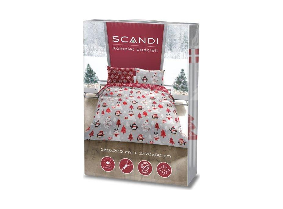 Bavlněné povlečení SCANDIC Tučňáci a lední medvědi - šedé/červené - 160x220 cm