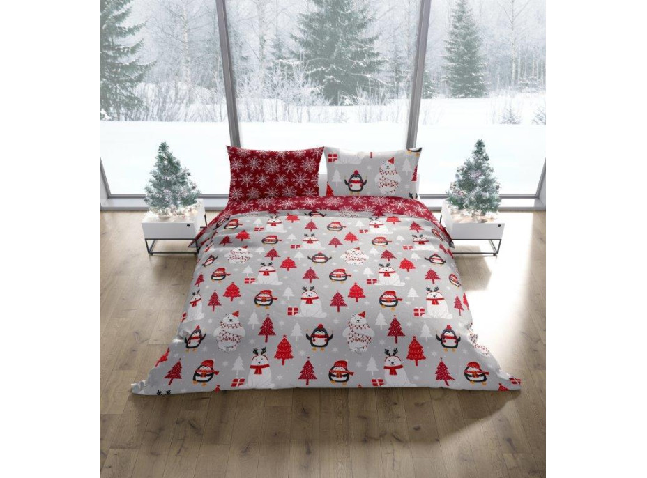 Bavlněné povlečení SCANDIC Tučňáci a lední medvědi - šedé/červené - 160x220 cm