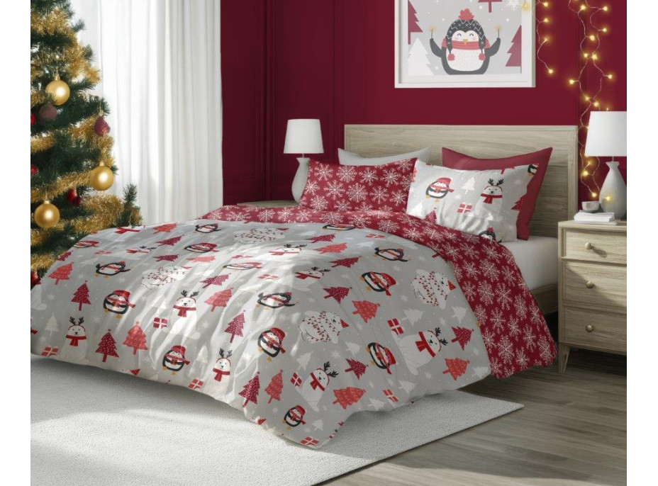 Bavlněné povlečení SCANDIC Tučňáci a lední medvědi - šedé/červené - 160x220 cm