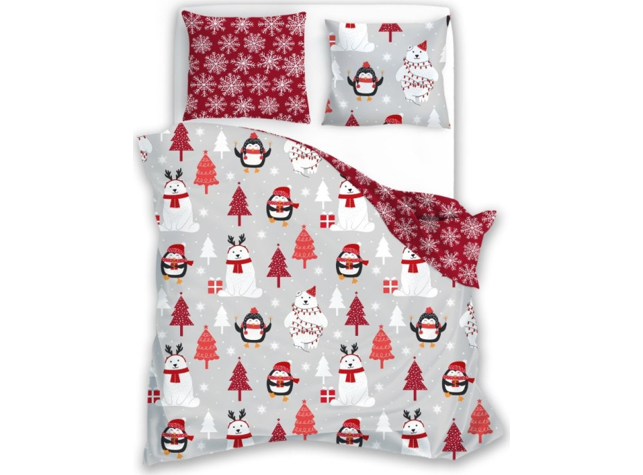 Bavlněné povlečení SCANDIC Tučňáci a lední medvědi - šedé/červené - 160x220 cm