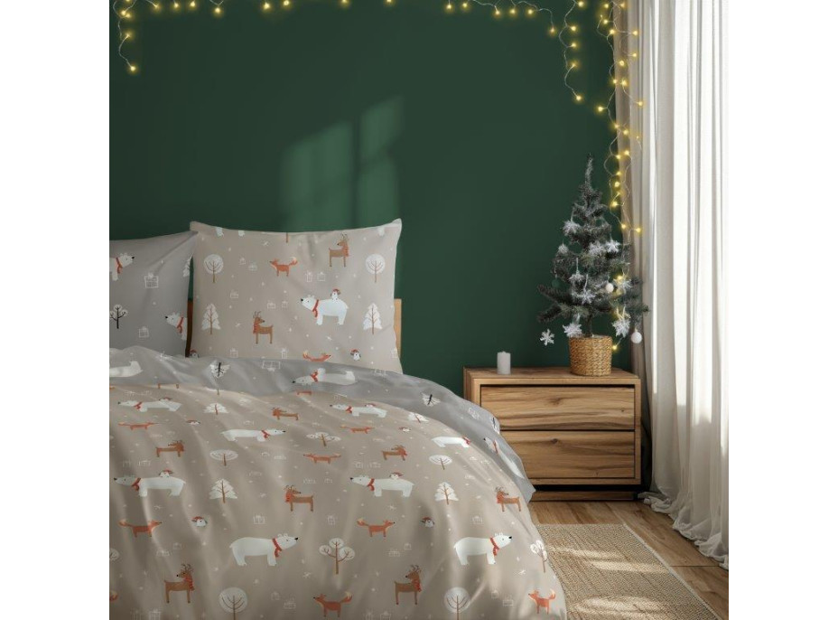 Bavlněné povlečení SCANDIC Zvířátka v lese - béžové/šedé - 160x200 cm
