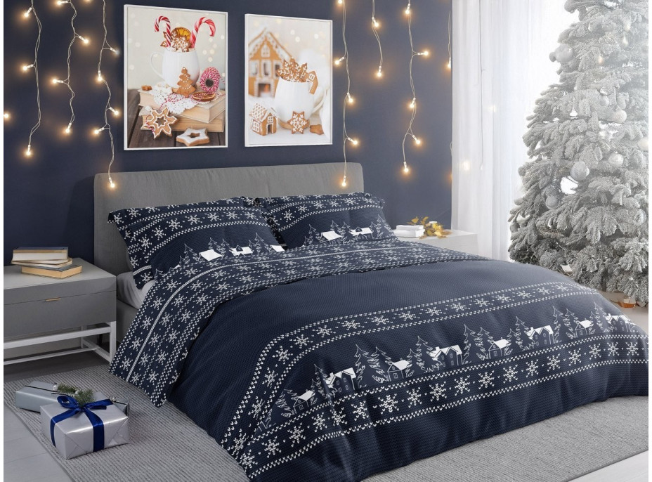 Bavlněné povlečení SCANDIC Zimní vesnice - tmavě modré - 140x200 cm