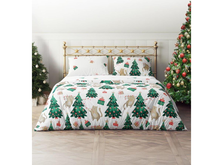 Ložní povlečení z mikrovlákna HOLLY JOLLY Kočky a stromečky - bílé - 220x200 cm