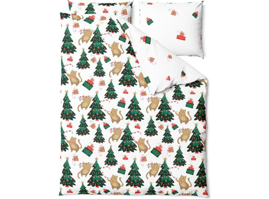 Ložní povlečení z mikrovlákna HOLLY JOLLY Kočky a stromečky - bílé - 220x200 cm