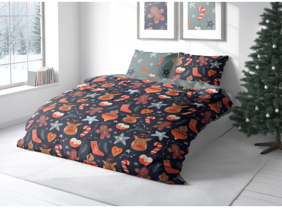 Ložní povlečení z mikrovlákna HOLLY JOLLY Vánoční motiv - tmavě modré/šedé - 220x200 cm