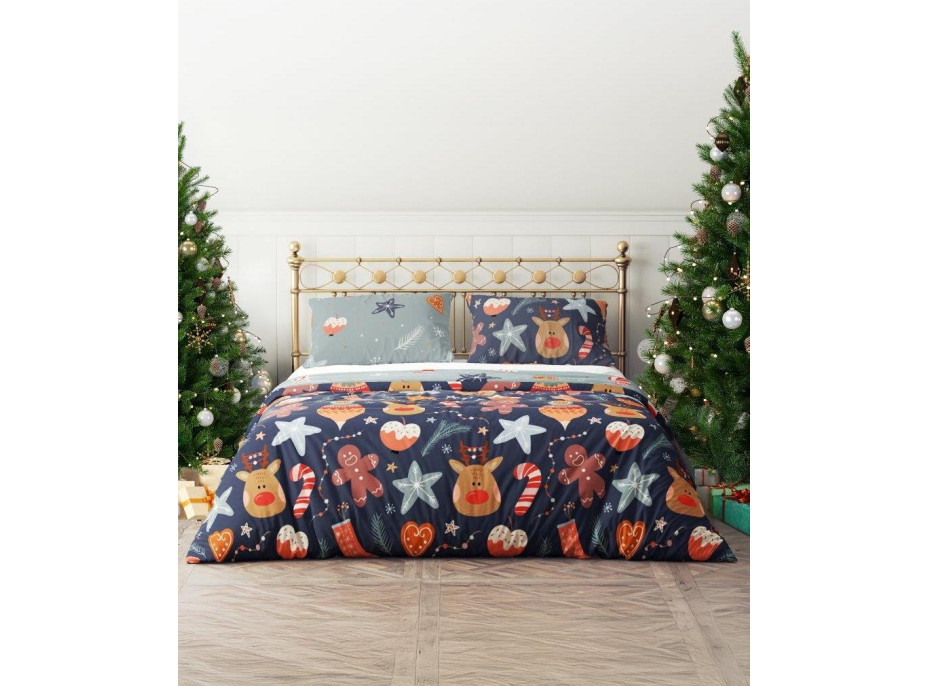 Ložní povlečení z mikrovlákna HOLLY JOLLY Vánoční motiv - tmavě modré/šedé - 220x200 cm