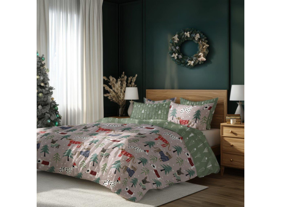 Ložní povlečení z mikrovlákna HOLLY JOLLY Pejsci v lese - hnědé/zelené - 220x200 cm