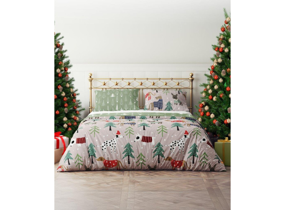 Ložní povlečení z mikrovlákna HOLLY JOLLY Pejsci v lese - hnědé/zelené - 220x200 cm