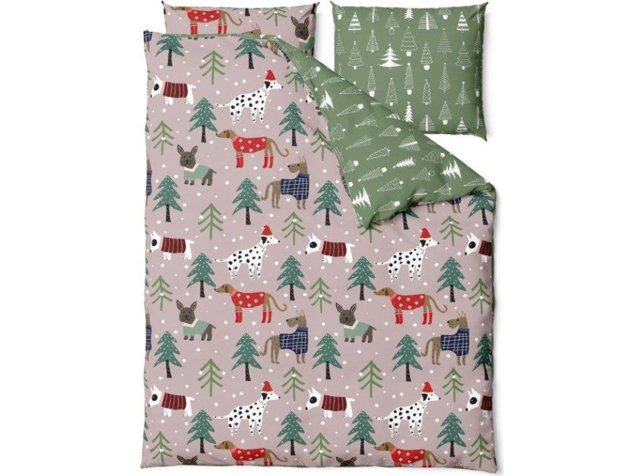 Ložní povlečení z mikrovlákna HOLLY JOLLY Pejsci v lese - hnědé/zelené - 220x200 cm