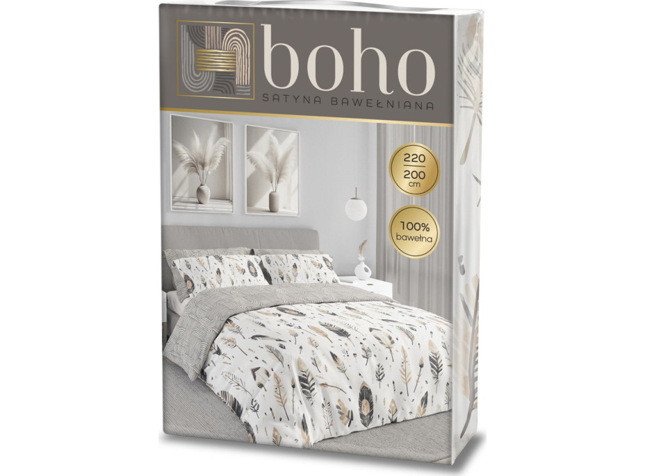 Ložní povlečení BOHO Peříčka - 220x200 cm - bavlněný satén