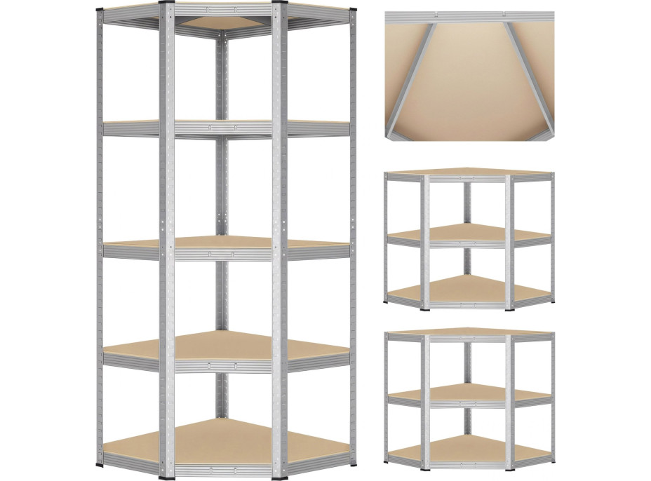 Rohový policový regál - 5 polic - 180x70x40 cm - stříbrný