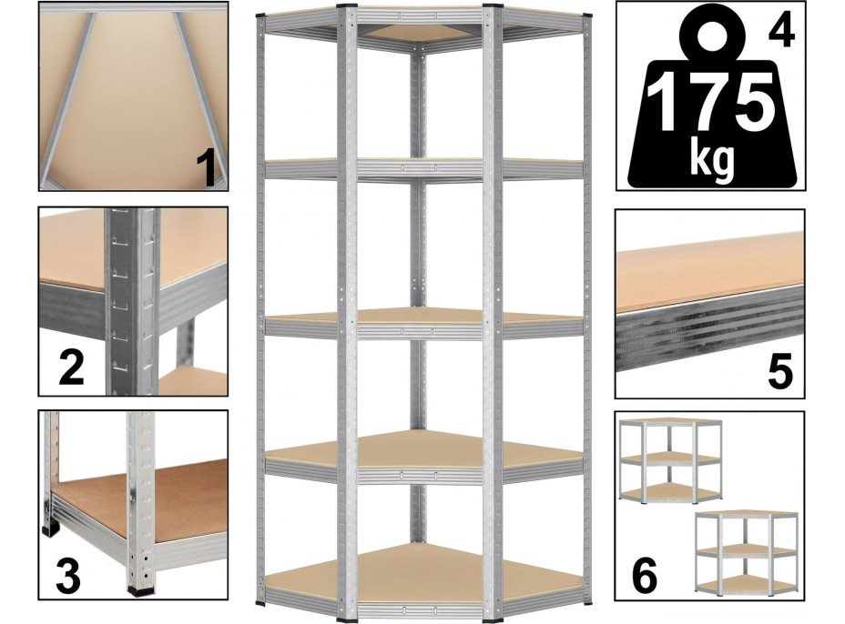 Rohový policový regál - 5 polic - 180x70x40 cm - stříbrný