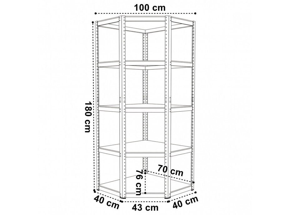 Rohový policový regál - 5 polic - 180x70x40 cm - stříbrný