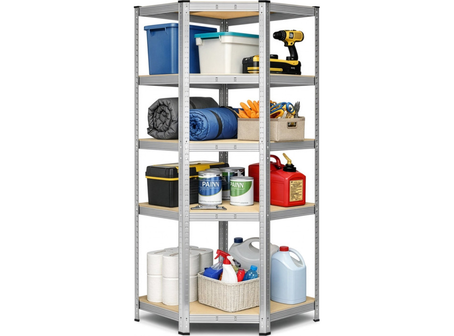 Rohový policový regál - 5 polic - 180x70x40 cm - stříbrný