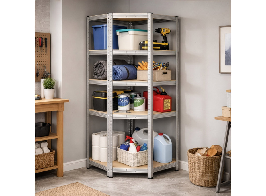 Rohový policový regál - 5 polic - 180x70x40 cm - stříbrný