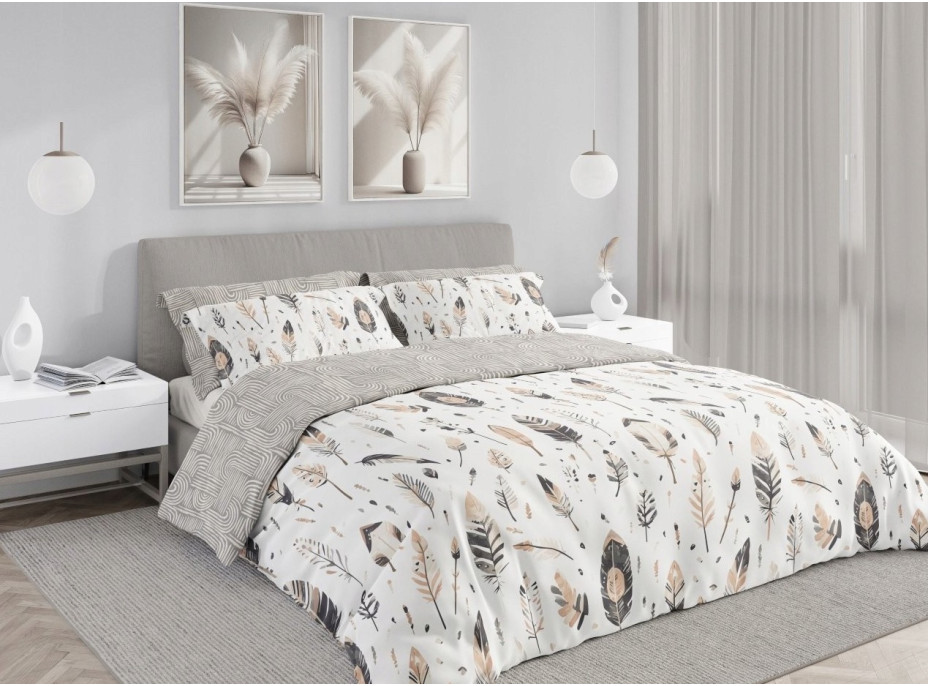 Ložní povlečení BOHO Peříčka - 220x200 cm - bavlněný satén