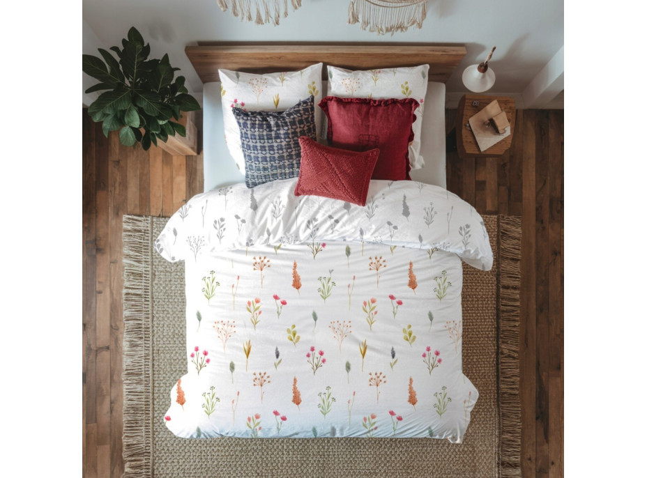 Saténové povlečení MILAGRO VERDE Byliny - bílé/šedé - 140x200 cm