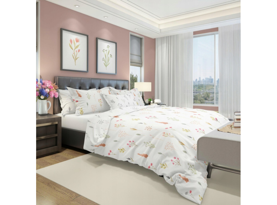 Saténové povlečení MILAGRO VERDE Byliny - bílé/šedé - 220x200 cm