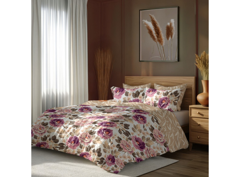 Saténové povlečení MILAGRO VERDE Fialové květy - bílé/béžové - 140x200 cm