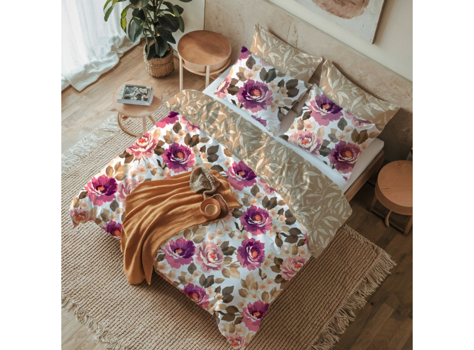 Saténové povlečení MILAGRO VERDE Fialové květy - bílé/béžové - 220x200 cm