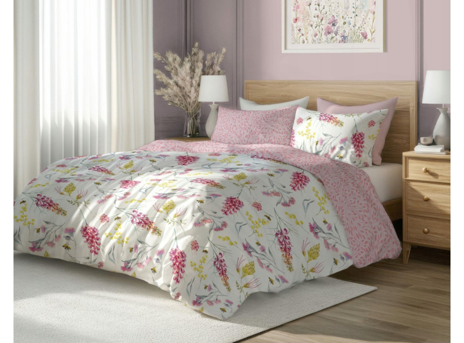 Saténové povlečení MILAGRO VERDE Květy a včelky - bílé/růžové - 160x200 cm