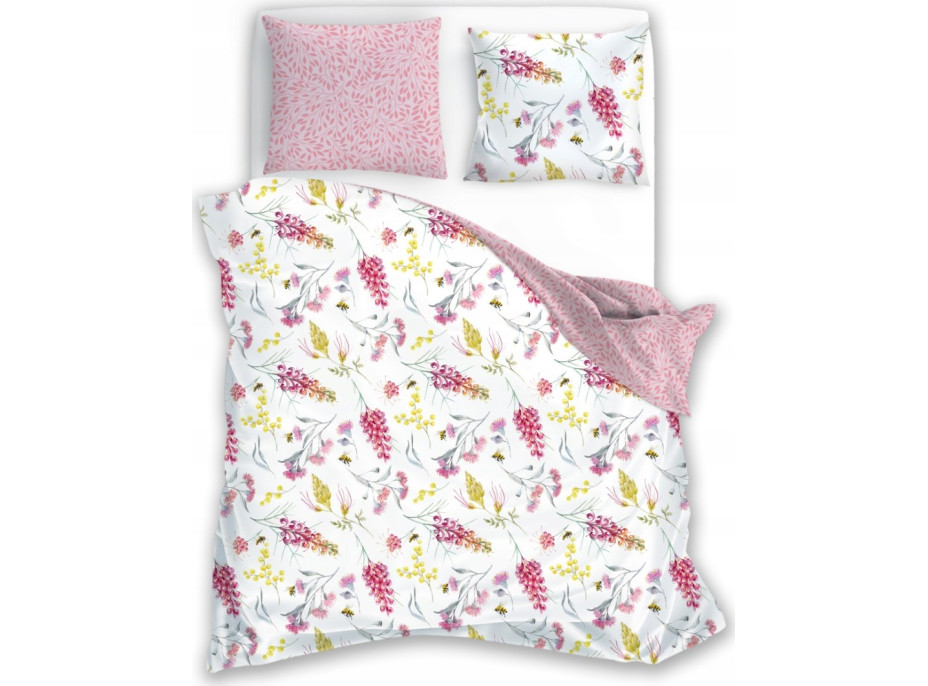 Saténové povlečení MILAGRO VERDE Květy a včelky - bílé/růžové - 220x200 cm